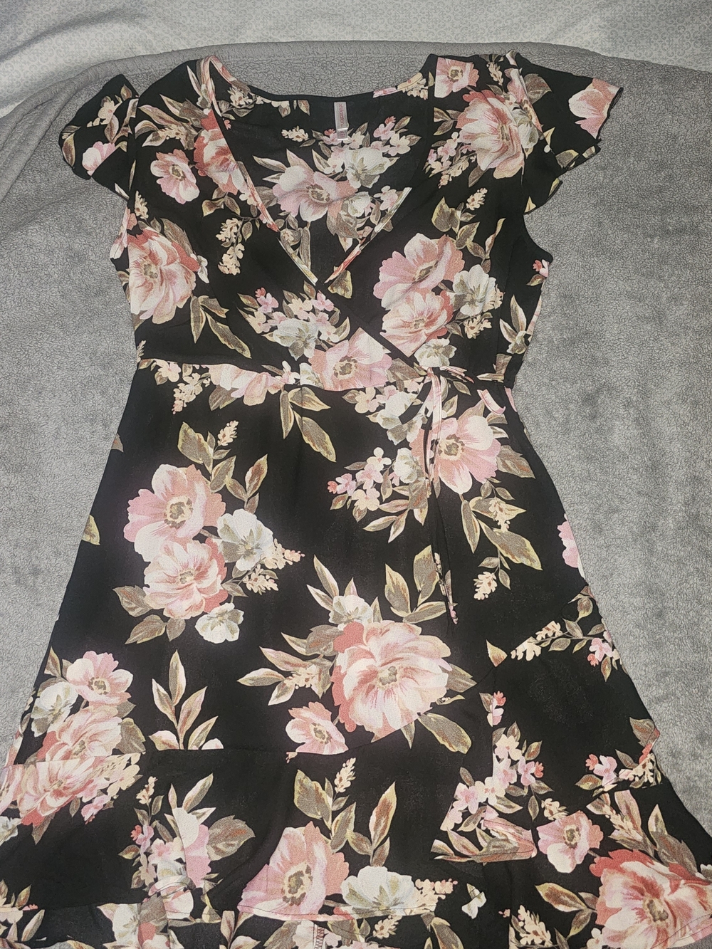 Xhilaration Black Floral Wrap Dress with Pink Blooms
